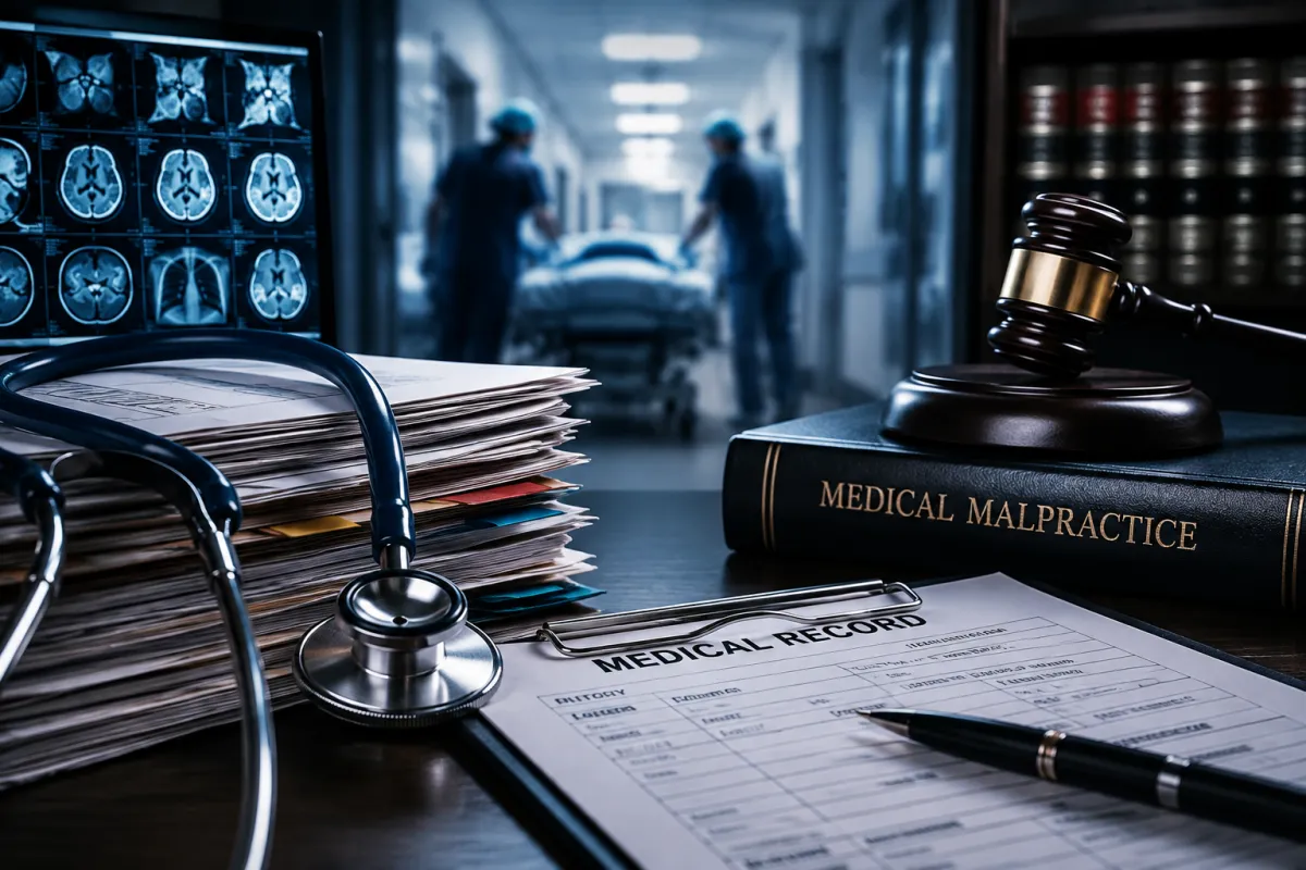 Medical records, diagnostic images, stethoscope, and judge's gavel